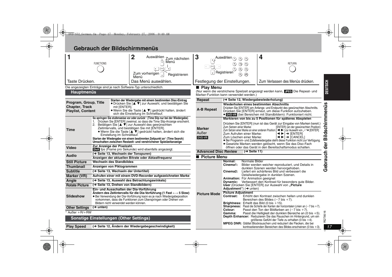 Gebrauch der bildschirmmenüs | Panasonic DVDS52 User Manual | Page 17 / 80