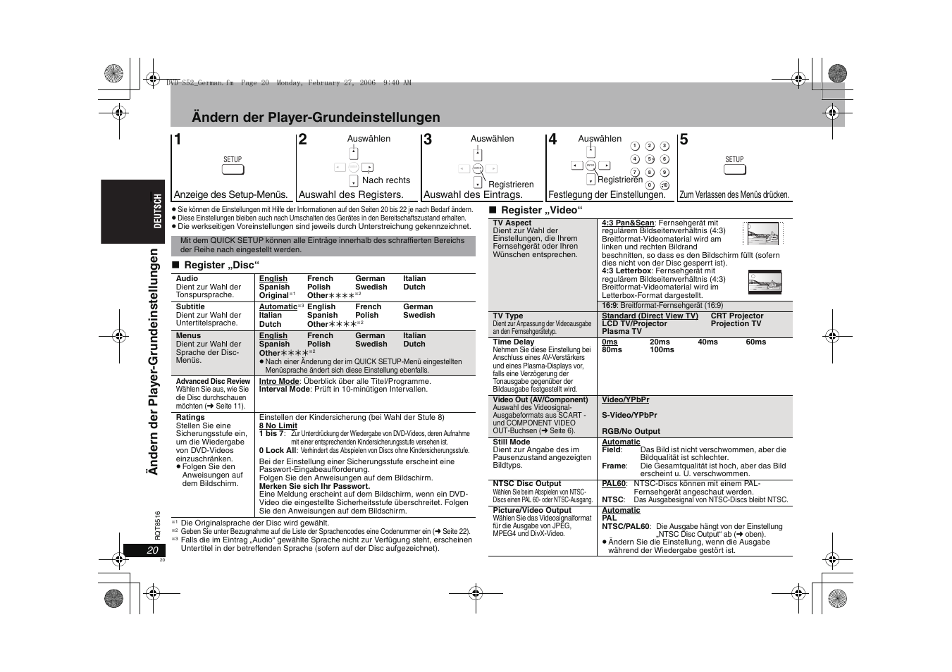 Ändern der player-grundeinstellungen, Ändern der pla y er -grund einst ell ung en | Panasonic DVDS52 User Manual | Page 20 / 80
