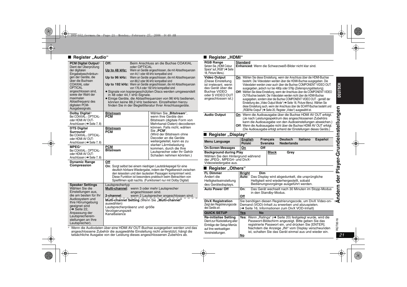 Ändern der pla y er -grund einst ell ung en | Panasonic DVDS52 User Manual | Page 21 / 80