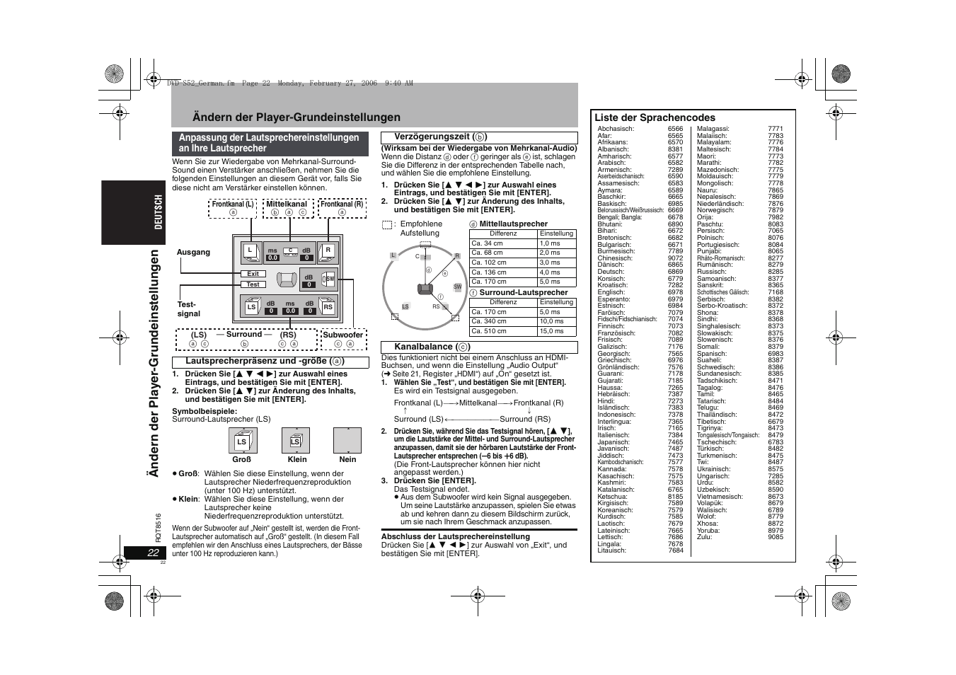Ändern der pla y er -grund einst ell ung en, Ändern der player-grundeinstellungen, Liste der sprachencodes | Panasonic DVDS52 User Manual | Page 22 / 80