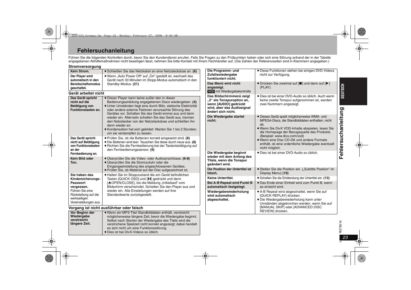 Fehlersuchanleitung, Fehler suc han lei tung | Panasonic DVDS52 User Manual | Page 23 / 80