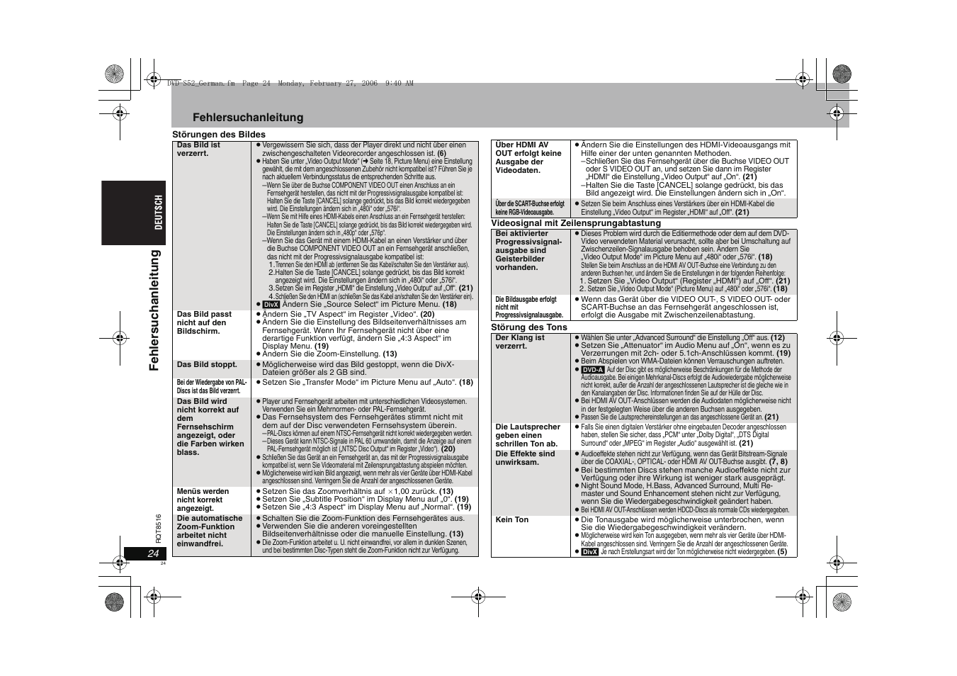 Fehler suc han lei tung, Fehlersuchanleitung | Panasonic DVDS52 User Manual | Page 24 / 80
