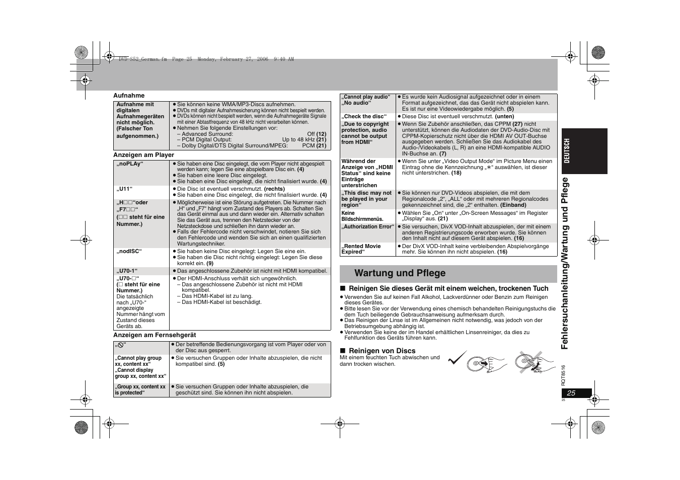 Wartung und pflege | Panasonic DVDS52 User Manual | Page 25 / 80