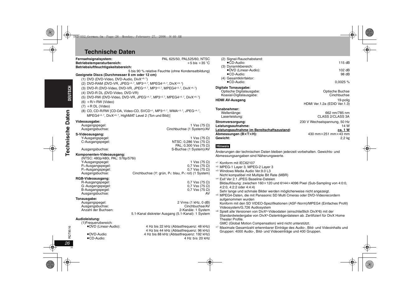 Technische daten, Te c hni sc he daten | Panasonic DVDS52 User Manual | Page 26 / 80