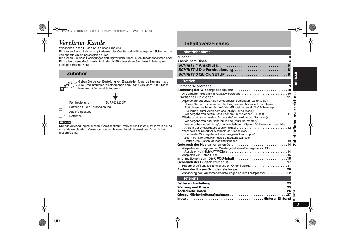 Verehrter kunde, Zubehör inhaltsverzeichnis | Panasonic DVDS52 User Manual | Page 3 / 80