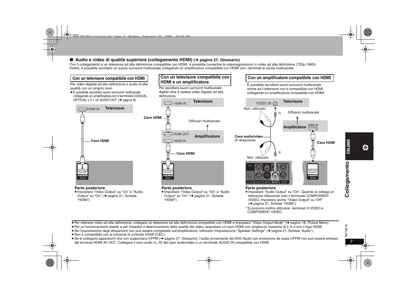 Co ll egamento, Con un televisore compatibile con hdmi | Panasonic DVDS52 User Manual | Page 33 / 80