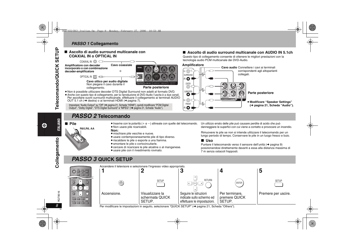 Passo 2, Passo 3, Telecomando | Quick setup, Co ll egamento, Te lecomando/ qui ck setup, Passo 1 collegamento, Pile | Panasonic DVDS52 User Manual | Page 34 / 80