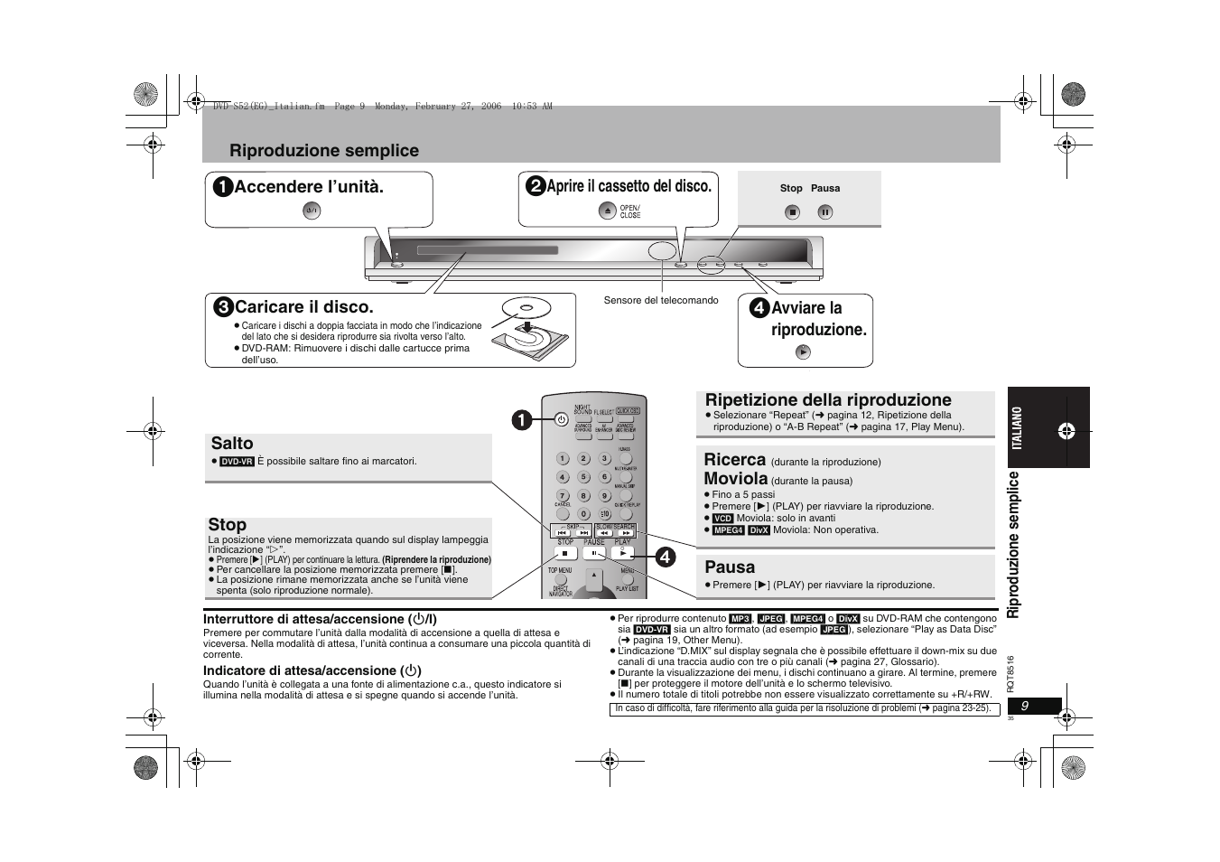 Riproduzione semplice, Accendere l’unità, Aprire il cassetto del disco | Caricare il disco, Avviare la riproduzione, Salto, Stop, Ricerca, Moviola, Pausa | Panasonic DVDS52 User Manual | Page 35 / 80