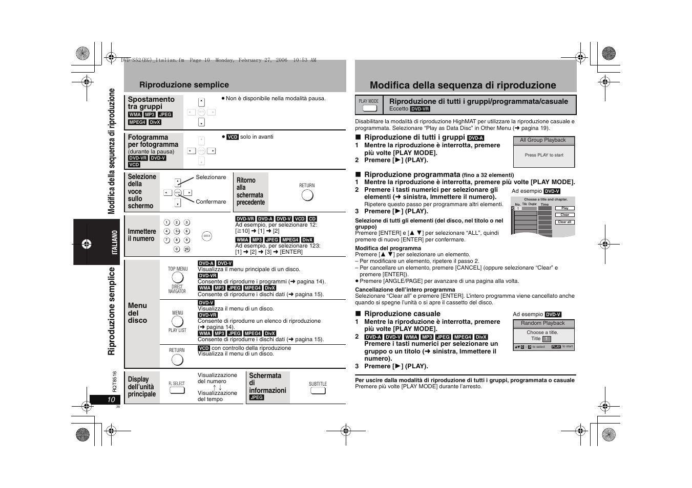 Modifica della sequenza di riproduzione, Riproduzione semplice | Panasonic DVDS52 User Manual | Page 36 / 80