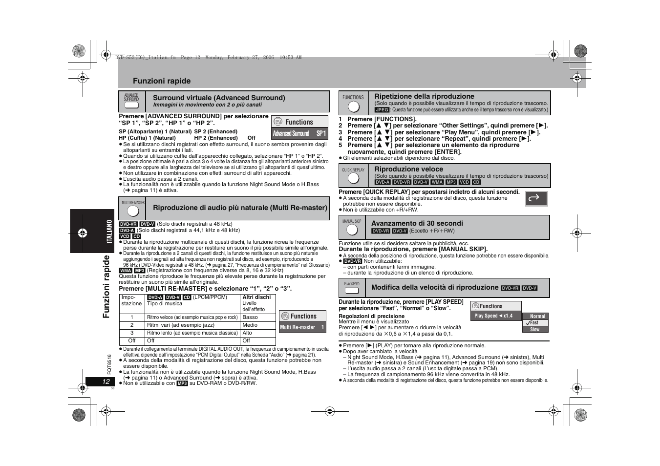 Funzi oni rap ide, Funzioni rapide | Panasonic DVDS52 User Manual | Page 38 / 80