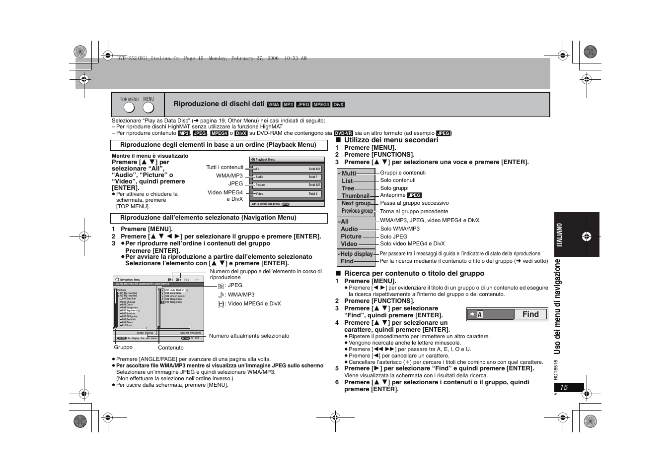 Us o dei m en u di na vi g az io n e, Find | Panasonic DVDS52 User Manual | Page 41 / 80