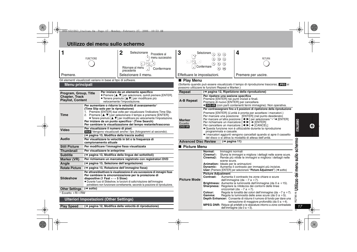 Utilizzo dei menu sullo schermo, Utiliz zo d ei m en u s ullo s ch er m o | Panasonic DVDS52 User Manual | Page 43 / 80