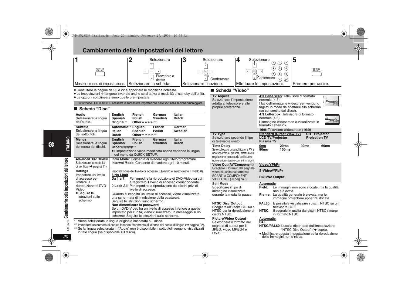 Cambiamento delle impostazioni del lettore | Panasonic DVDS52 User Manual | Page 46 / 80