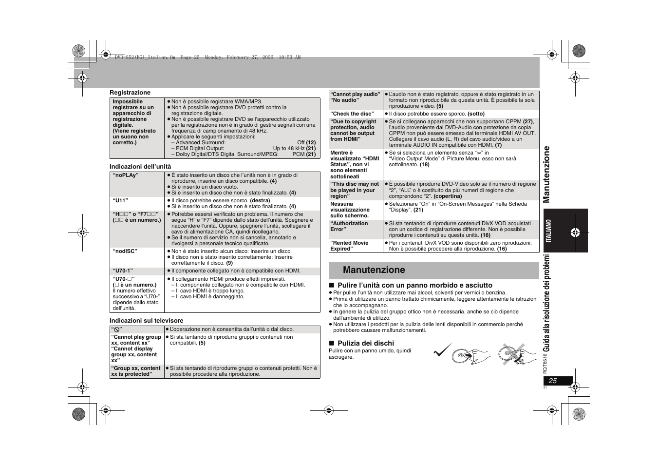 Manutenzione | Panasonic DVDS52 User Manual | Page 51 / 80