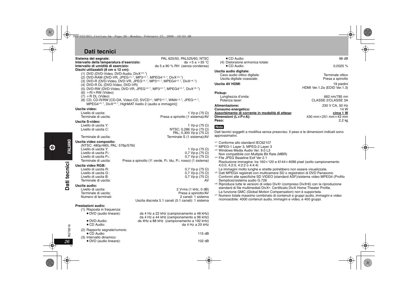 Dati tecnici, Dati t ecni ci | Panasonic DVDS52 User Manual | Page 52 / 80