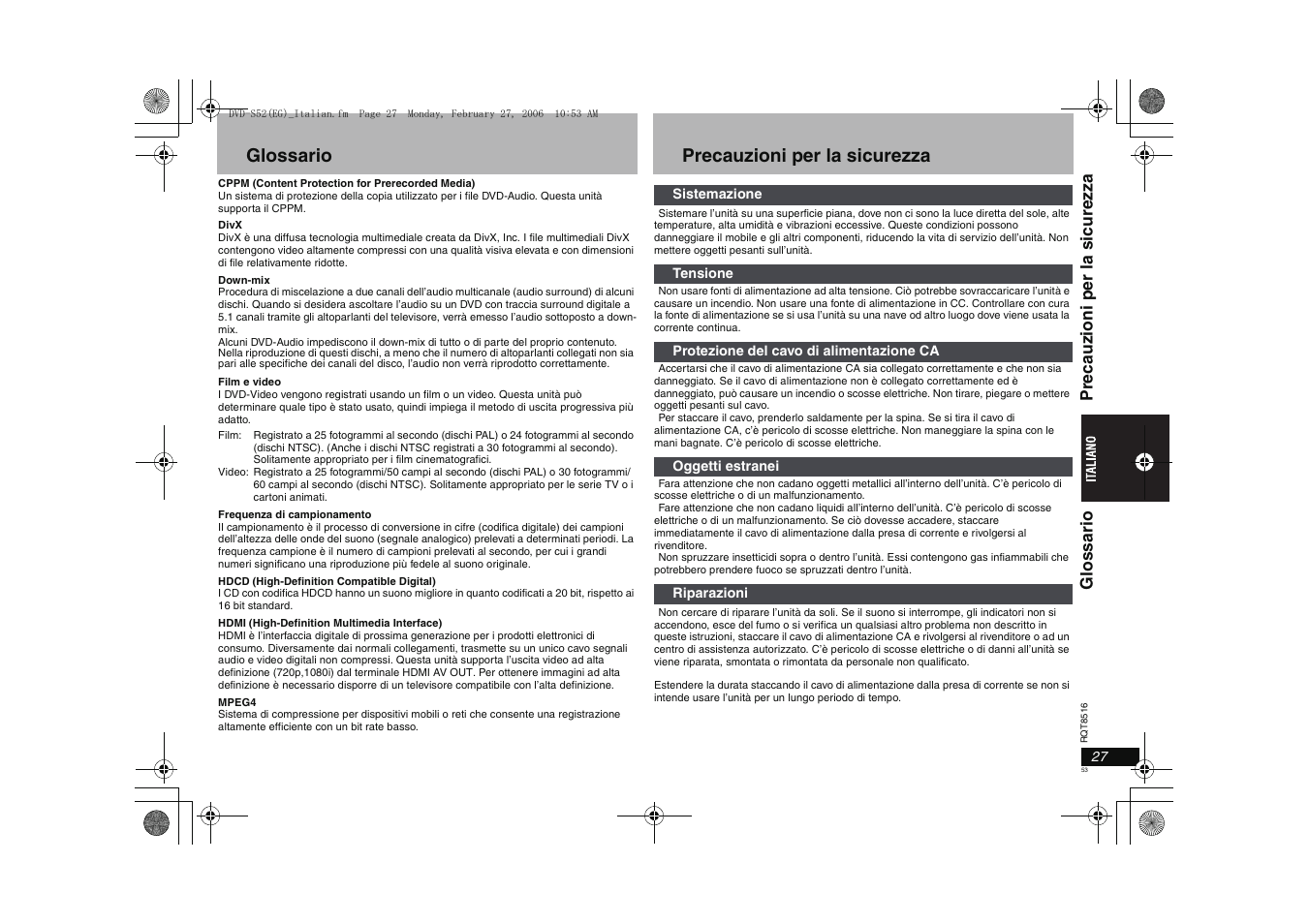 Glossario, Precauzioni per la sicurezza | Panasonic DVDS52 User Manual | Page 53 / 80