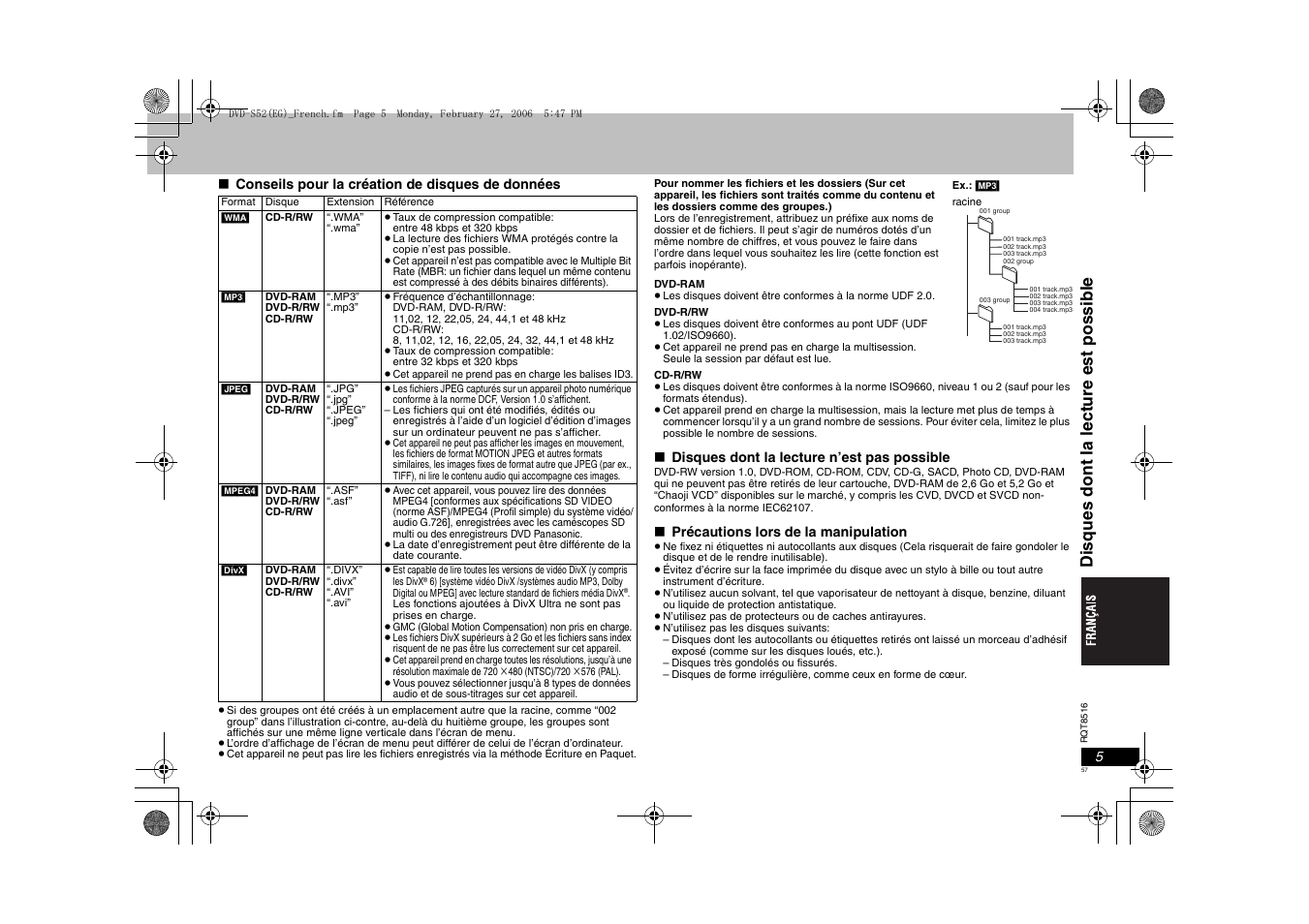Disqu es dont l a lect ure est poss ib le | Panasonic DVDS52 User Manual | Page 57 / 80