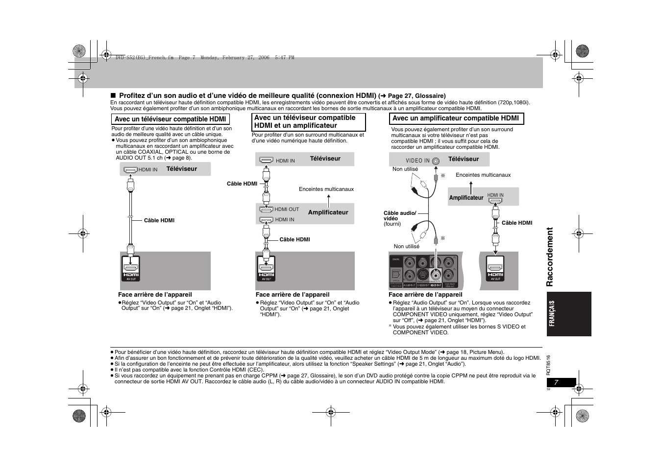 Raccor dement, Avec un téléviseur compatible hdmi | Panasonic DVDS52 User Manual | Page 59 / 80