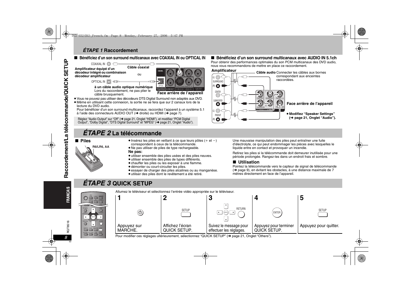 Étape 2, Étape 3, La télécommande | Quick setup, Étape 1 raccordement | Panasonic DVDS52 User Manual | Page 60 / 80