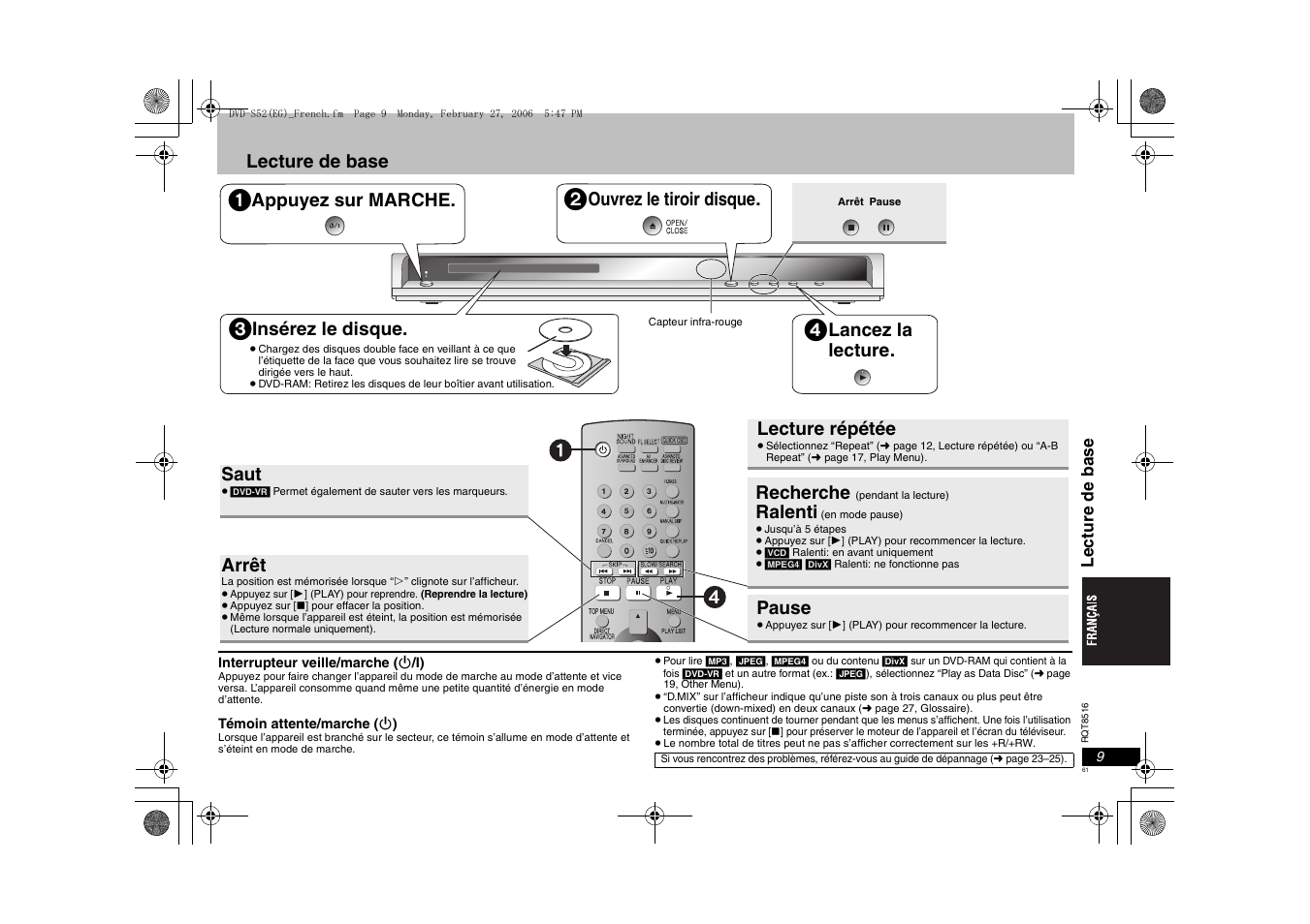 Lecture de base, Appuyez sur marche, Ouvrez le tiroir disque | Insérez le disque, Lancez la lecture, Saut, Arrêt, Recherche, Ralenti, Pause | Panasonic DVDS52 User Manual | Page 61 / 80