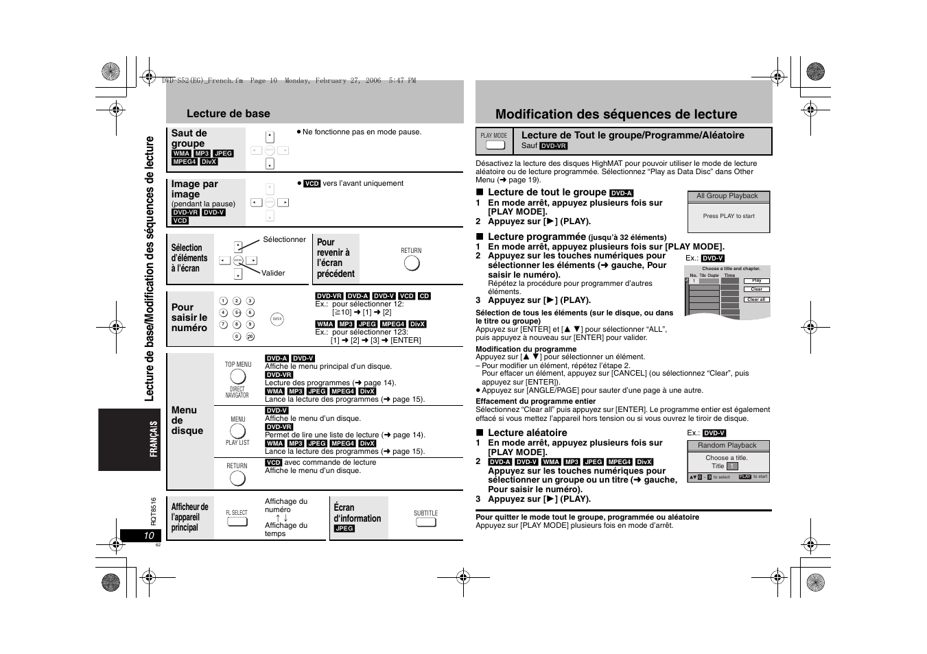 Modification des séquences de lecture, Lecture de base | Panasonic DVDS52 User Manual | Page 62 / 80