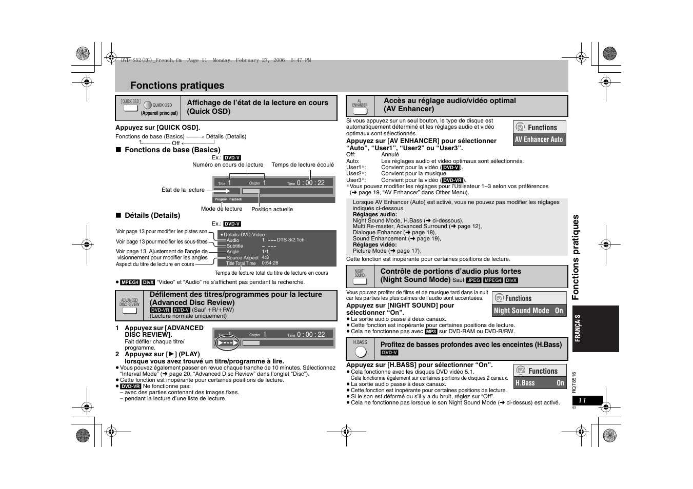 Fonctions pratiques, Fonct ions prat iques | Panasonic DVDS52 User Manual | Page 63 / 80