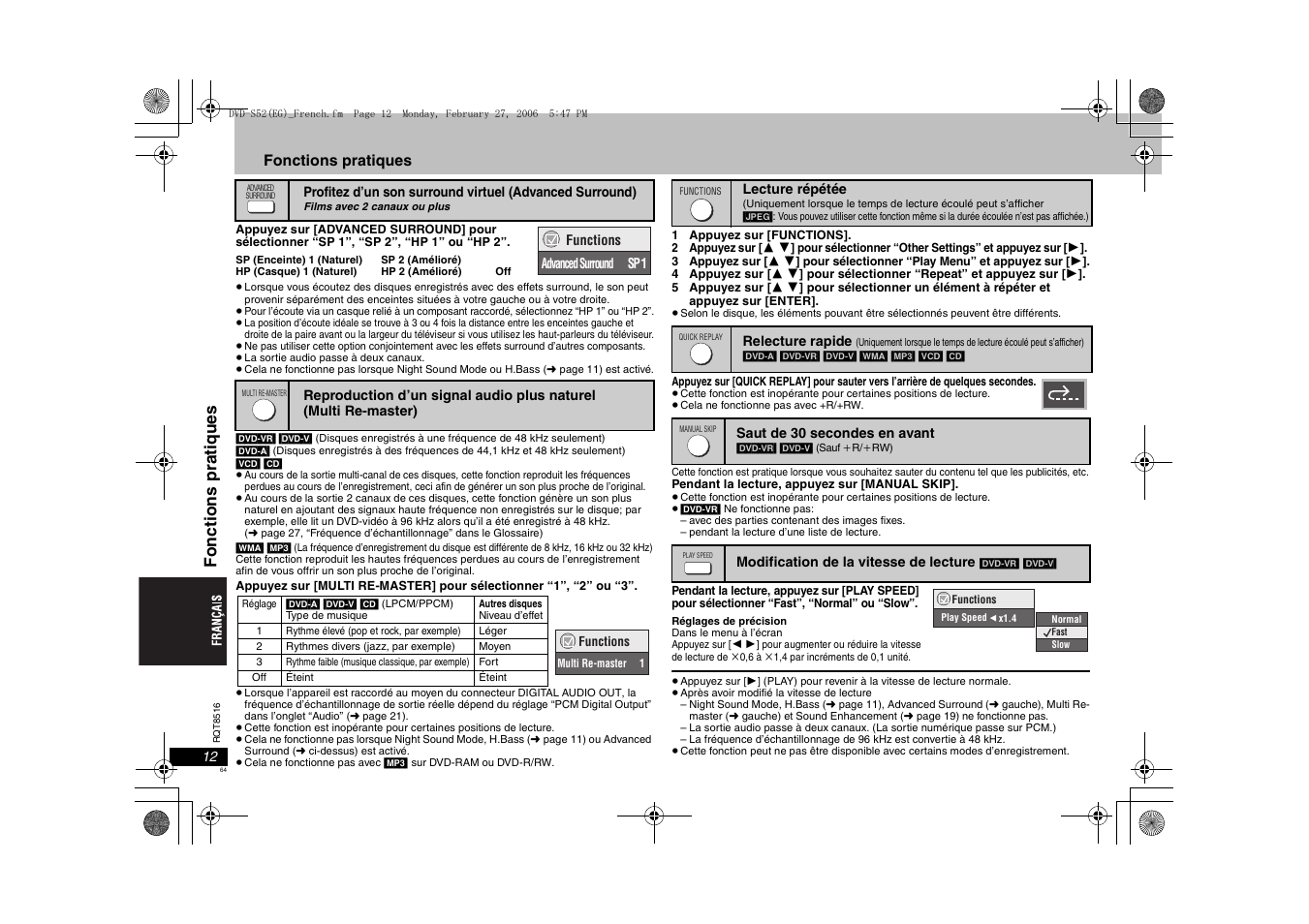Fonct ions pra ti ques, Fonctions pratiques | Panasonic DVDS52 User Manual | Page 64 / 80