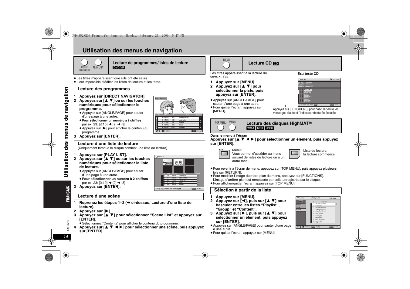 Utilisation des menus de navigation, Lecture de programmes/listes de lecture, Lecture d’une scène | Lecture cd, Lecture des disques highmat, Sélection à partir de la liste | Panasonic DVDS52 User Manual | Page 66 / 80