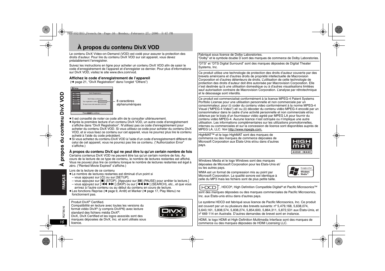 À propos du contenu divx vod, À pr opos du cont en u di vx v o d | Panasonic DVDS52 User Manual | Page 68 / 80