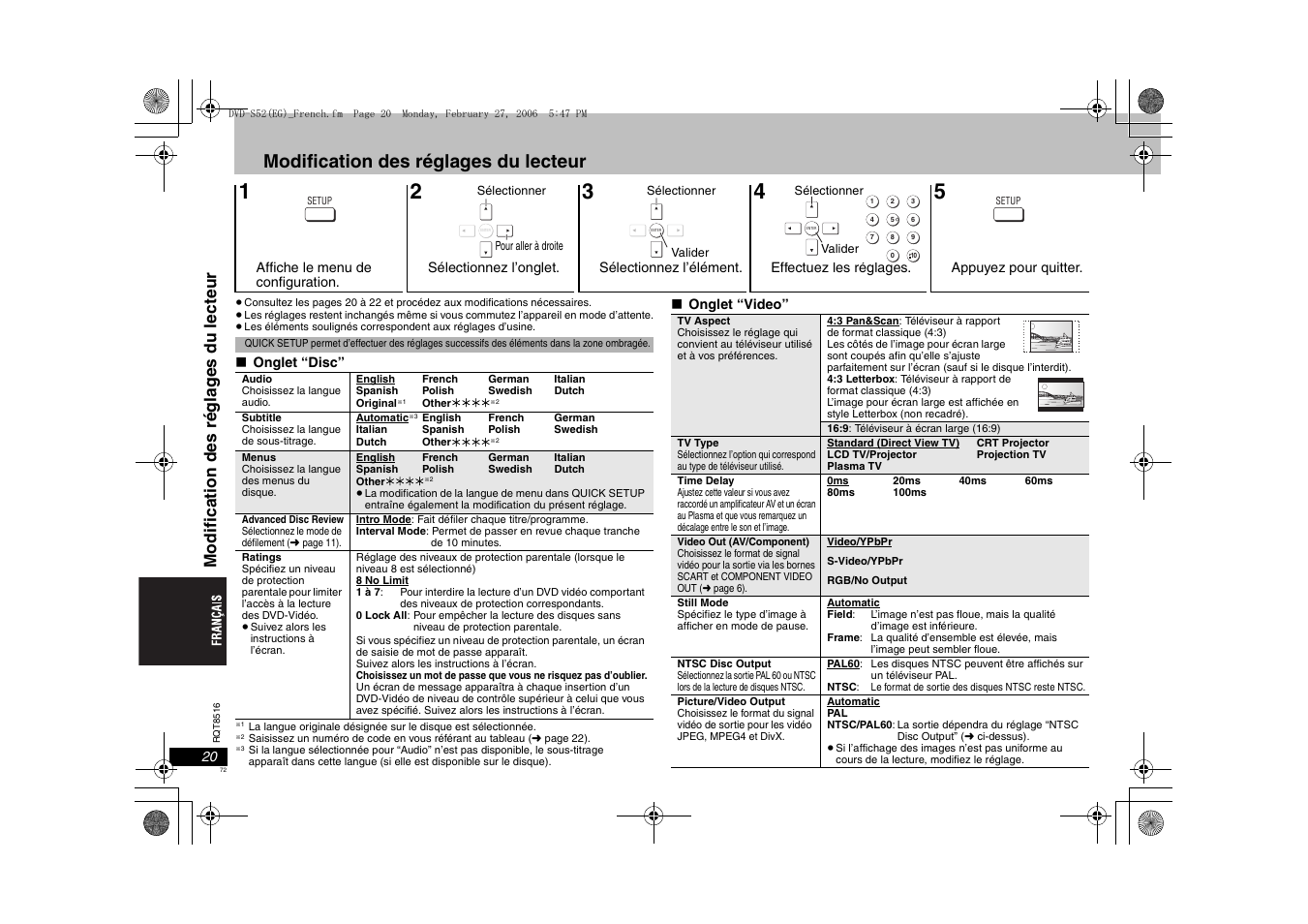 Modification des réglages du lecteur, Modif ica ti on des ré gla g es du lect eur | Panasonic DVDS52 User Manual | Page 72 / 80