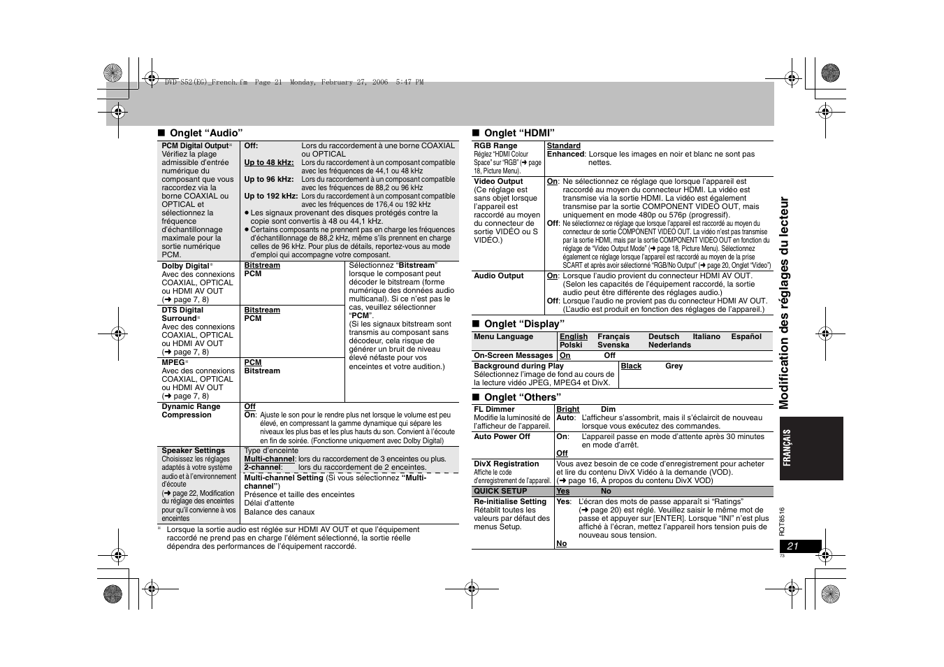 Modif ica ti on des ré gla g es du lect eur | Panasonic DVDS52 User Manual | Page 73 / 80