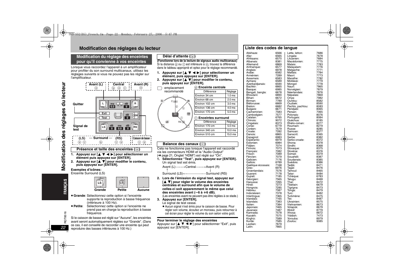 Modif ica ti on des ré gla g es du lect eur, Modification des réglages du lecteur, Liste des codes de langue | Panasonic DVDS52 User Manual | Page 74 / 80