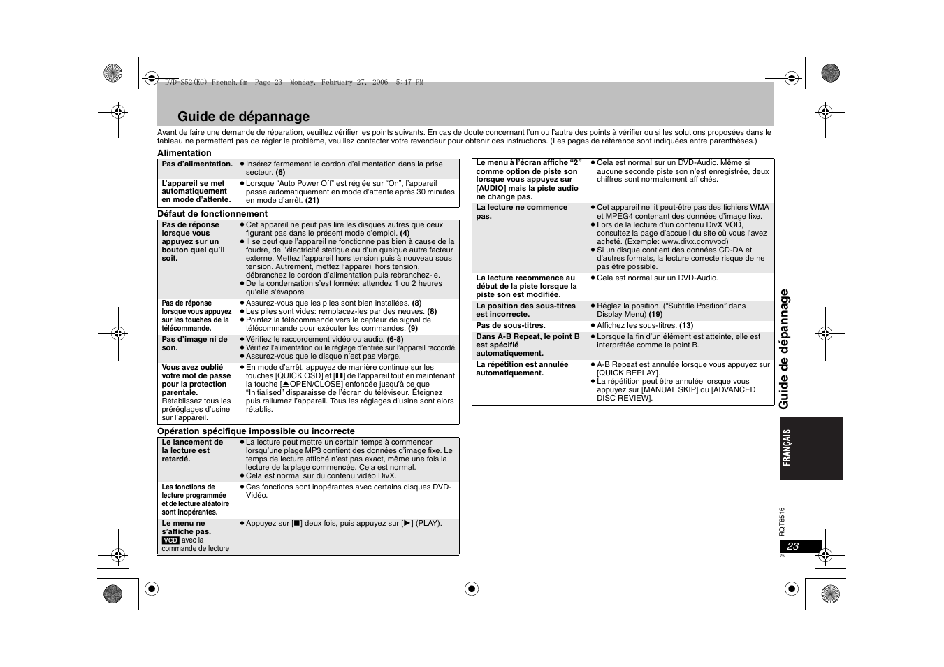 Guide de dépannage, Guide de dépanna g e | Panasonic DVDS52 User Manual | Page 75 / 80