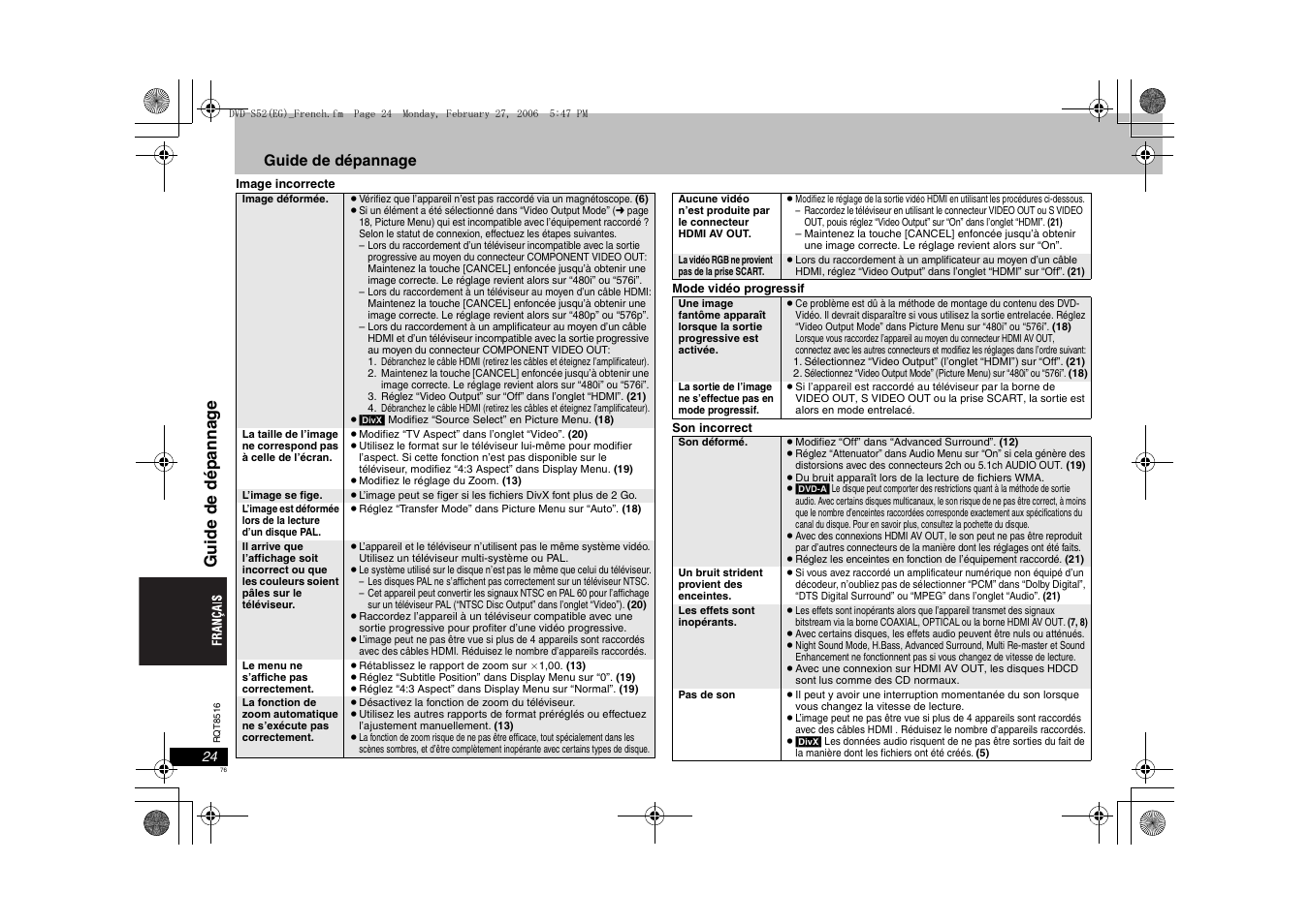 Guide de dépanna g e, Guide de dépannage | Panasonic DVDS52 User Manual | Page 76 / 80