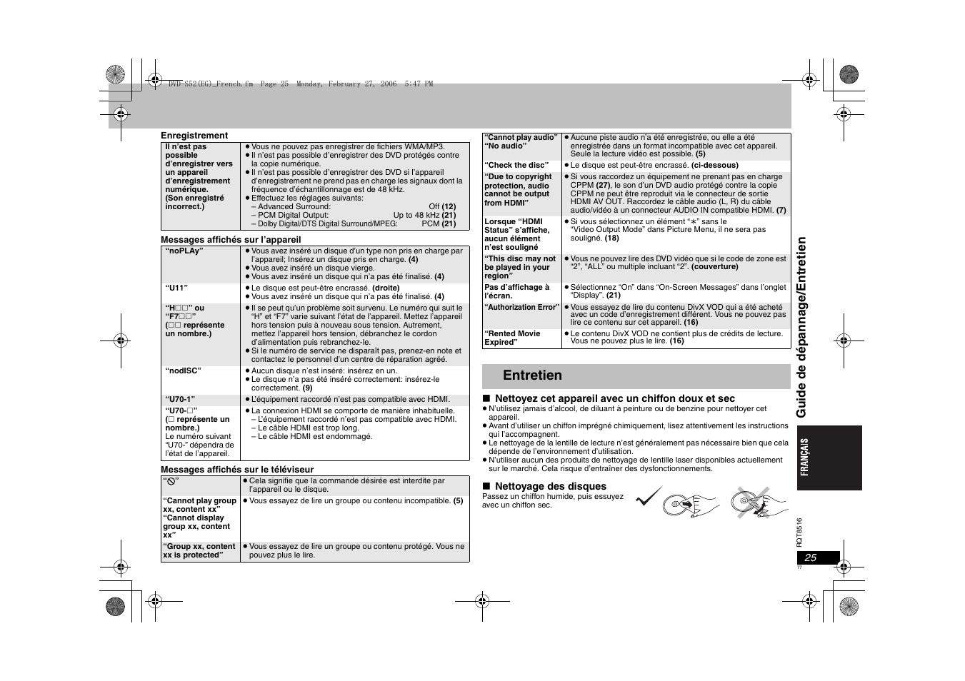 Entretien, Guide de dépanna g e /e ntr e ti en | Panasonic DVDS52 User Manual | Page 77 / 80