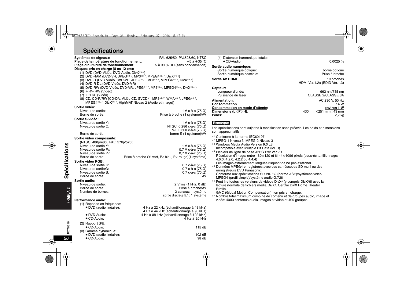 Spécifications, Spéci fi cati ons | Panasonic DVDS52 User Manual | Page 78 / 80