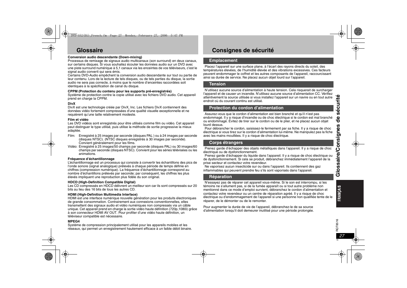 Glossaire, Consignes de sécurité, Glossa ire /consi gnes de séc uri té | Panasonic DVDS52 User Manual | Page 79 / 80