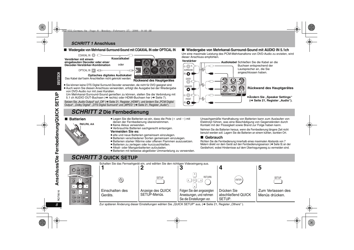 Schritt 2, Schritt 3, Die fernbedienung | Quick setup, Schritt 1 anschluss | Panasonic DVDS52 User Manual | Page 8 / 80