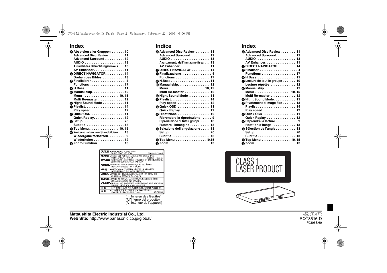 Class 1 laser product, Index, Indice | Panasonic DVDS52 User Manual | Page 80 / 80