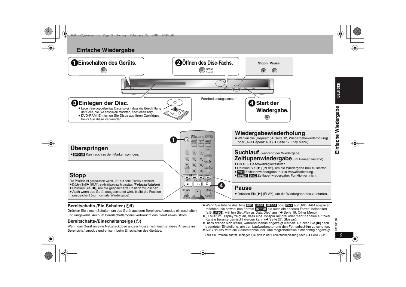 Einfache wiedergabe, Einschalten des geräts, Öffnen des disc-fachs | Einlegen der disc, Start der wiedergabe, Überspringen, Stopp, Suchlauf, Zeitlupenwiedergabe, Pause | Panasonic DVDS52 User Manual | Page 9 / 80