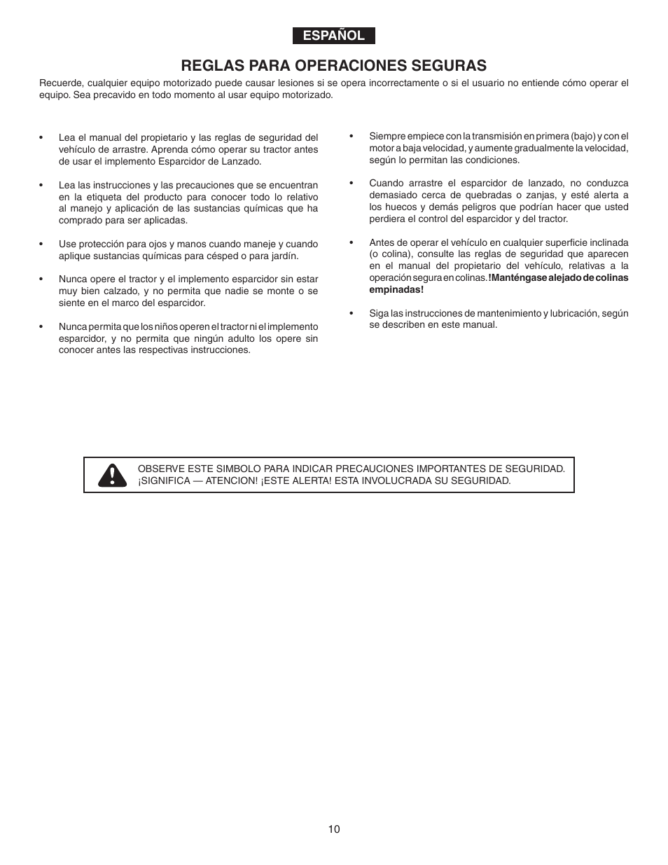 Reglas para operaciones seguras, Español | Agri-Fab 45-02114 User Manual | Page 10 / 20