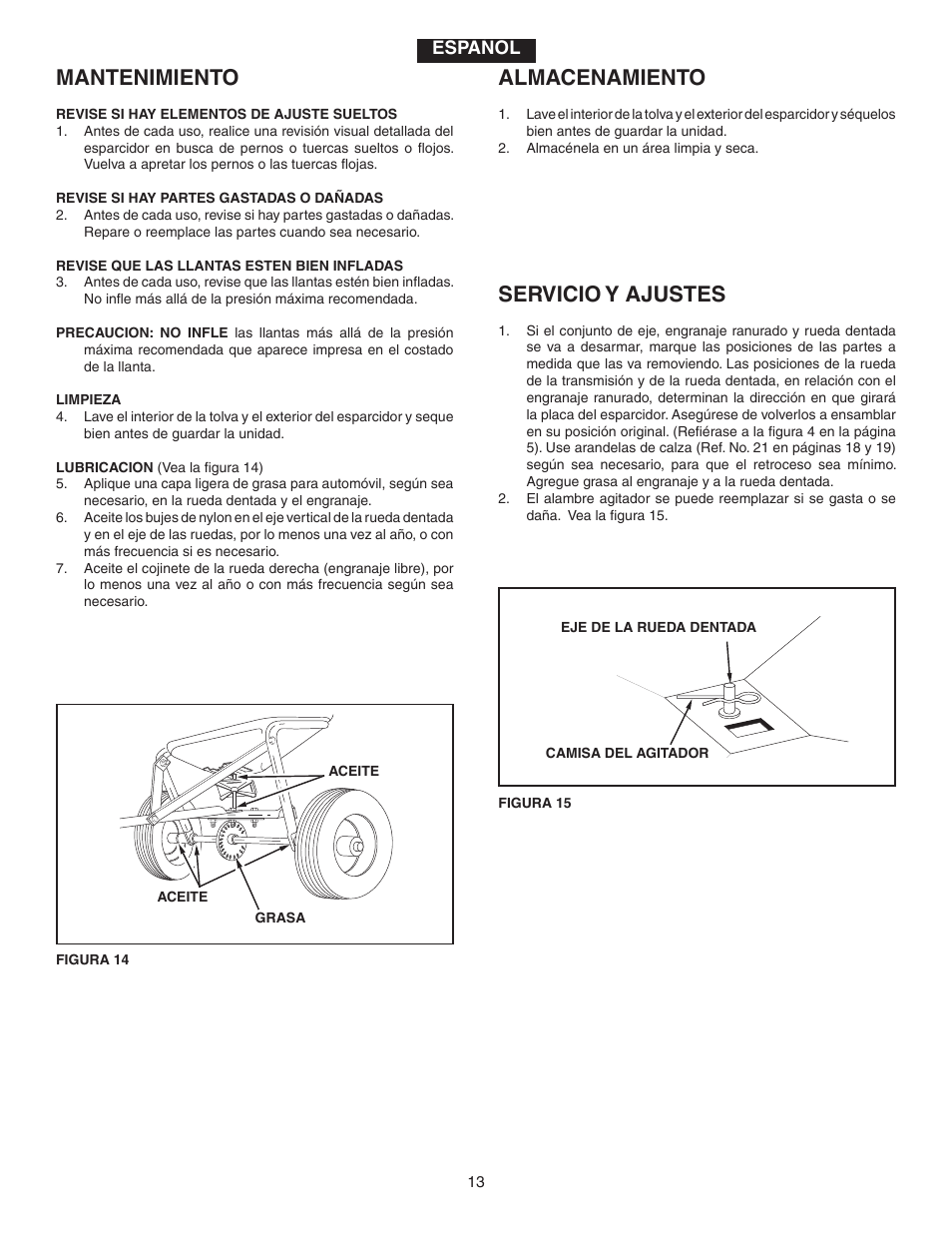 Mantenimiento, Almacenamiento, Servicio y ajustes | Agri-Fab 45-02114 User Manual | Page 13 / 20