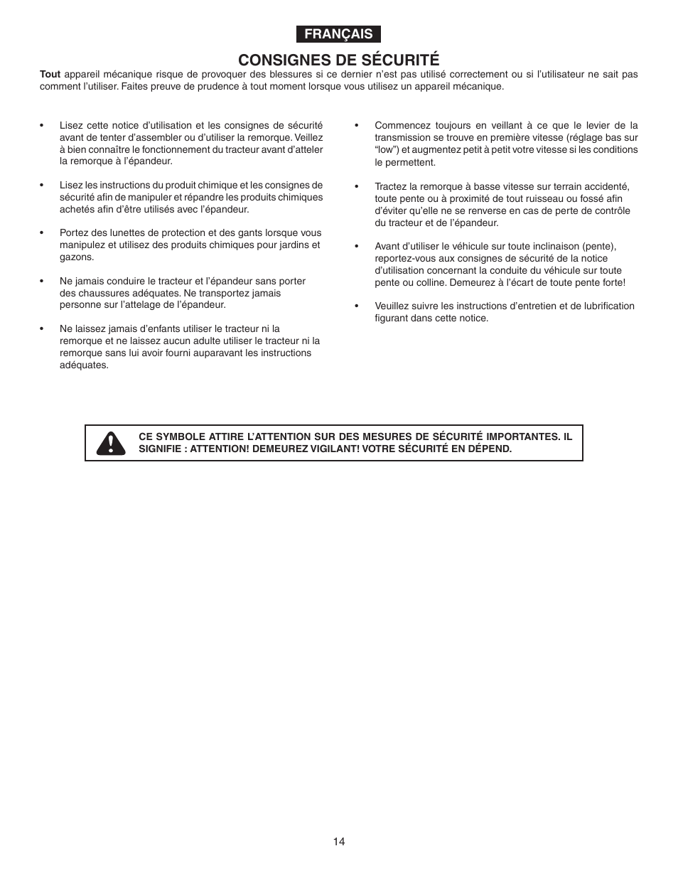 Consignes de sécurité, Français | Agri-Fab 45-02114 User Manual | Page 14 / 20