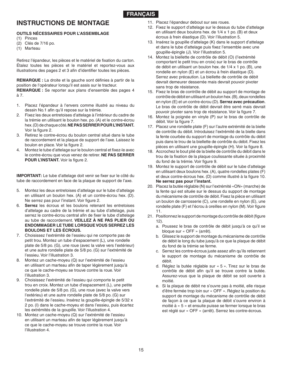 Instructions de montage, Français | Agri-Fab 45-02114 User Manual | Page 15 / 20