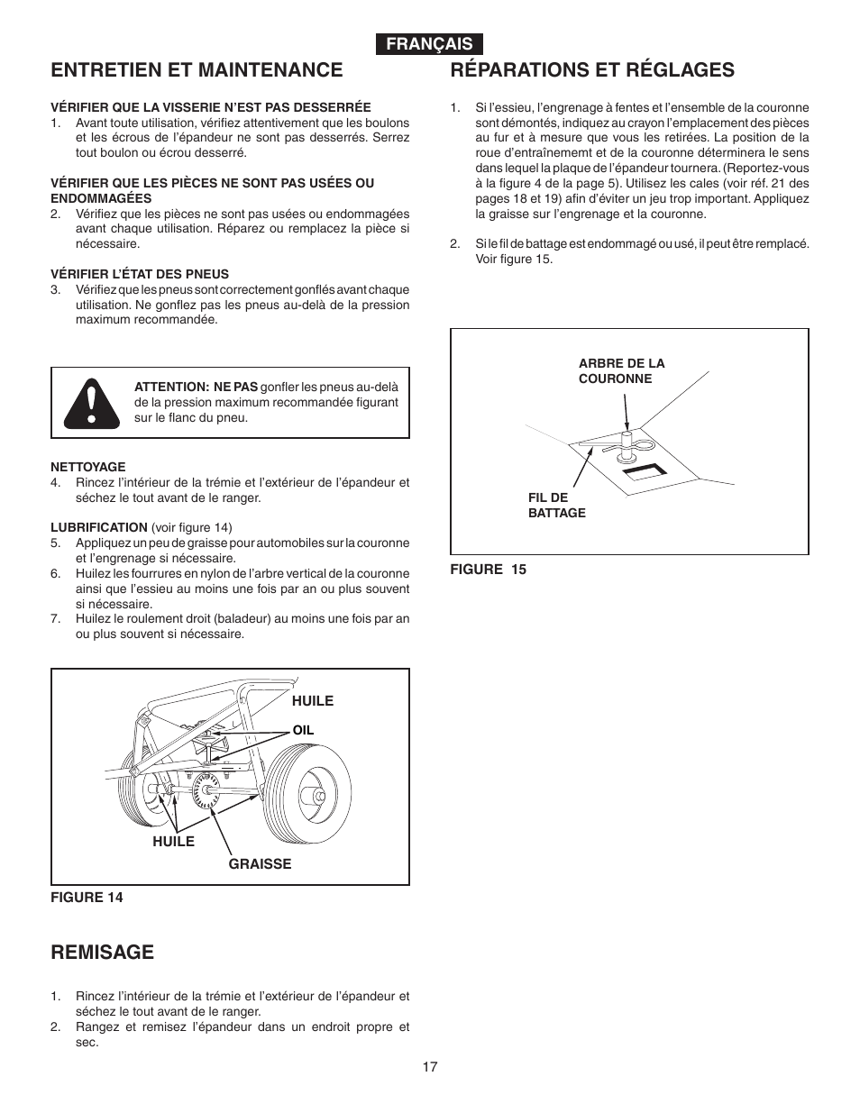 Entretien et maintenance, Remisage, Réparations et réglages | Agri-Fab 45-02114 User Manual | Page 17 / 20