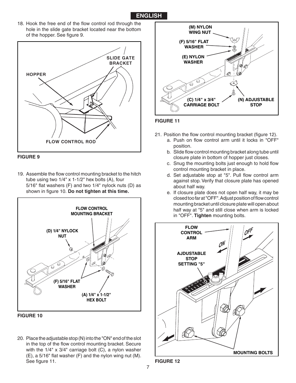 On off, English, F) 5/16" flat washer | Flow control arm, Ajdustable stop setting "5" mounting bolts | Agri-Fab 45-02114 User Manual | Page 7 / 20