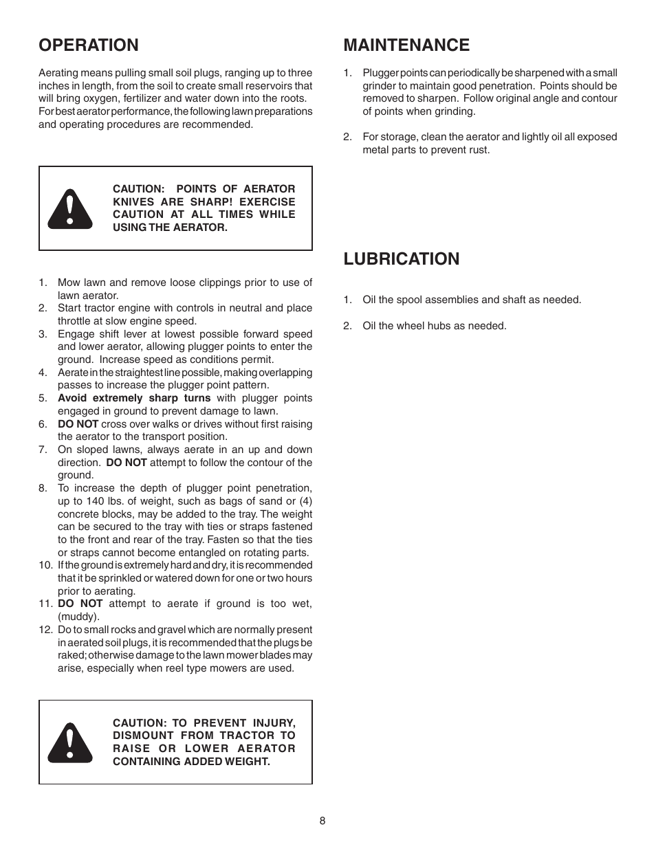 Maintenance, Operation, Lubrication | Agri-Fab 48" PLUG AERATOR 45-0299 User Manual | Page 8 / 12