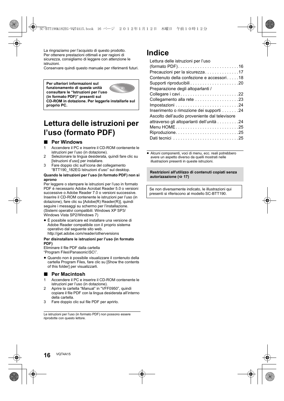 Lettura delle istruzioni per l’uso (formato pdf), Indice | Panasonic SCBTT182EG User Manual | Page 16 / 100