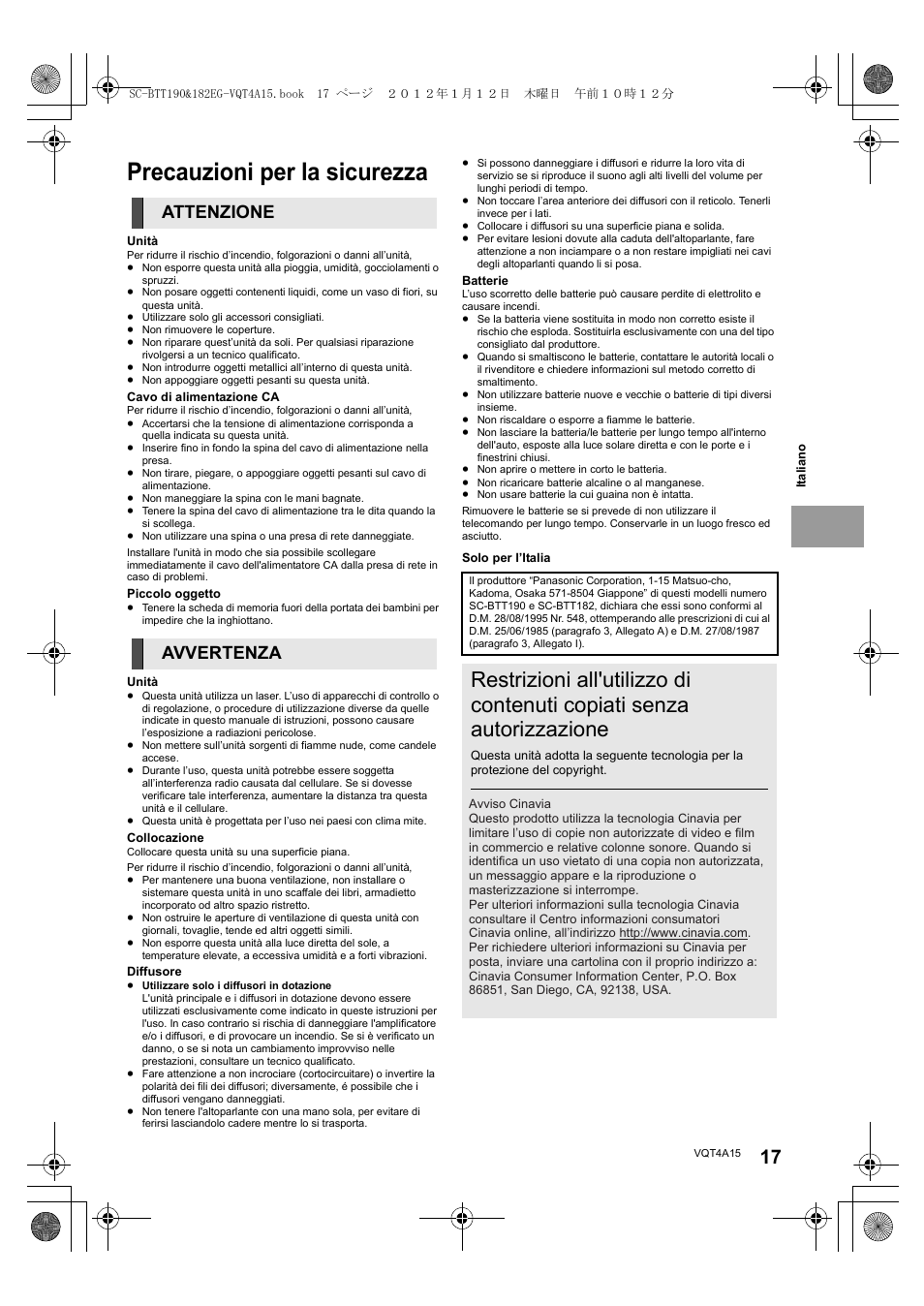Precauzioni per la sicurezza, Attenzione avvertenza | Panasonic SCBTT182EG User Manual | Page 17 / 100