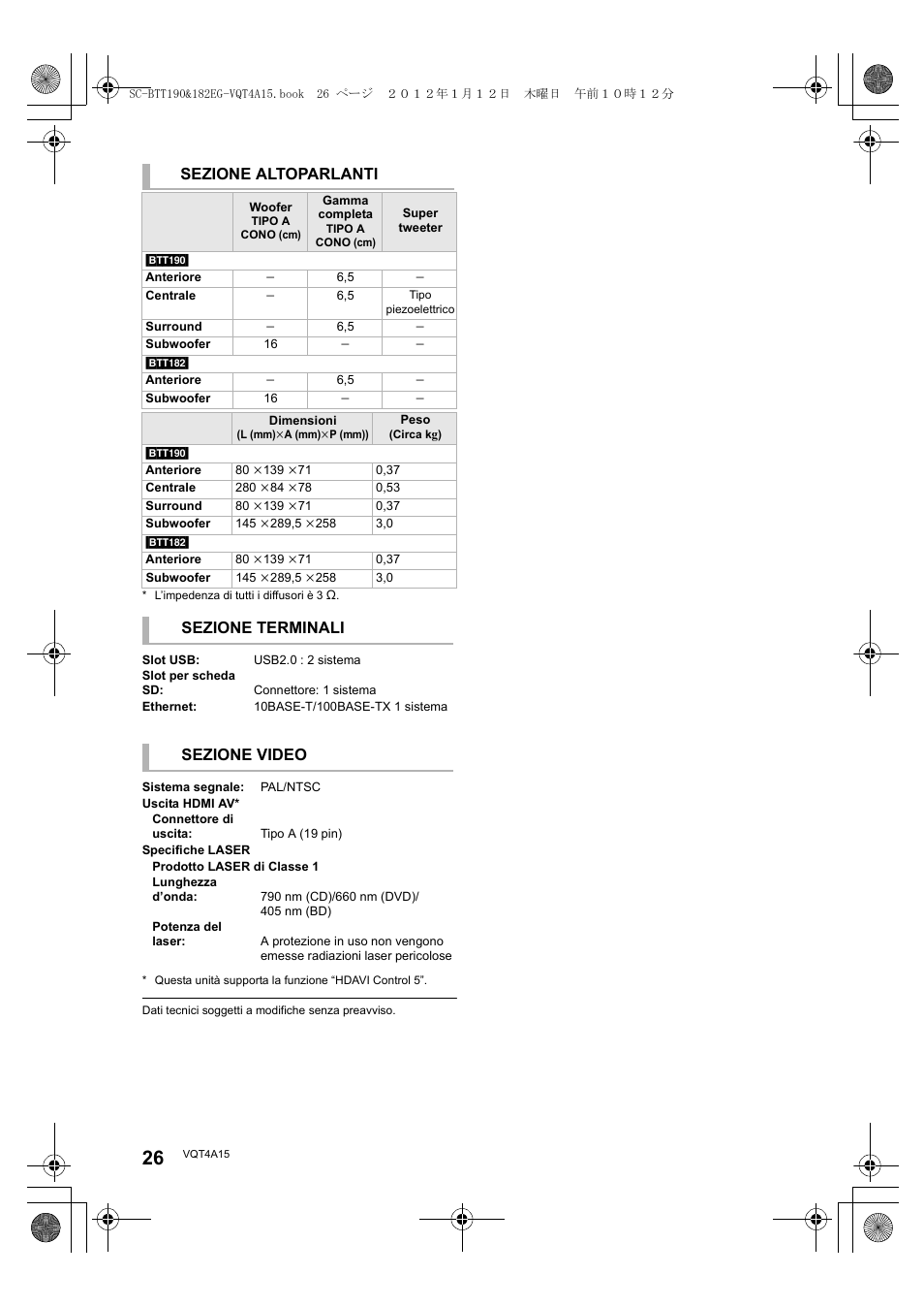 Sezione altoparlanti, Sezione terminali, Sezione video | Panasonic SCBTT182EG User Manual | Page 26 / 100